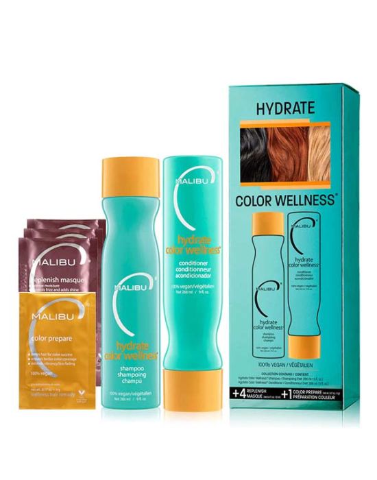 Malibu C Hydrate Color Wellness Kit (Shampoo 266ml, Conditioner 266ml, Replenish Masque 4x12ml, Color Prepare 5gr)