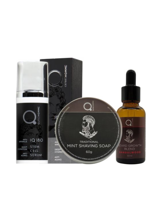 Qure Stem Cell Serum Anti-Age Intense Repair 50ml & Mint Shaving Soap 60g & Beard & Face Growth Blend Sandalwood Kasmir 30ml