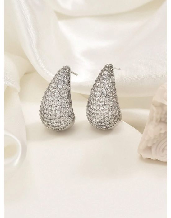 Luxury Sparkling Women's Teardrop Ear Studs Silver