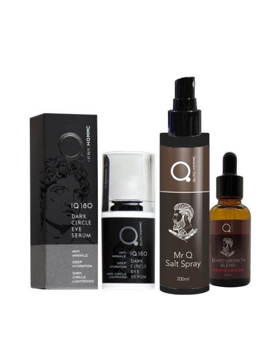 Qure Dark circle Eye Serum 30ml & MrQ Salt Spray 200ml & Beard & Face (Dry Oil) Growth Blend Sandalwood Kasmir 30ml