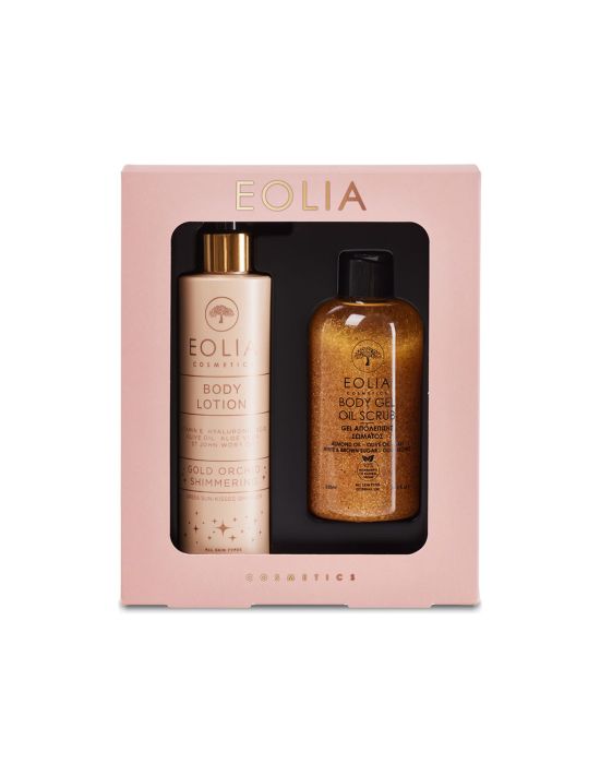 Eolia Cosmetics Gift Box Shower Gel Shimmer Greek Sunkissed Bronze Gold Orchid & Body Gel Scrub Gold Orchid