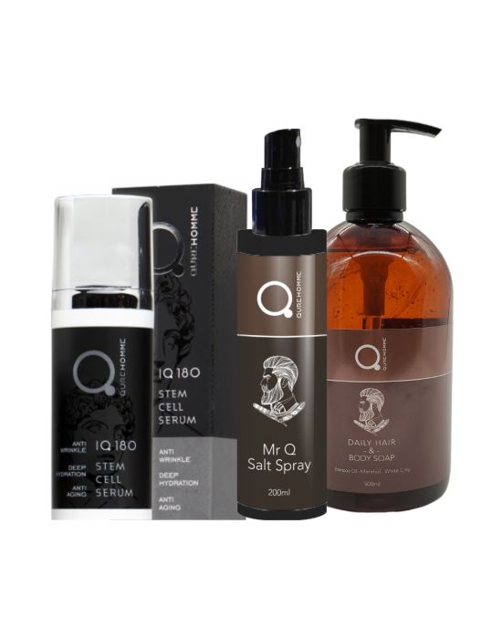 Qure Stem Cell Serum Anti-Age Intense Repair 50ml & MrQ Salt Spray 200ml & Daily Hair & Body Soap 500ml