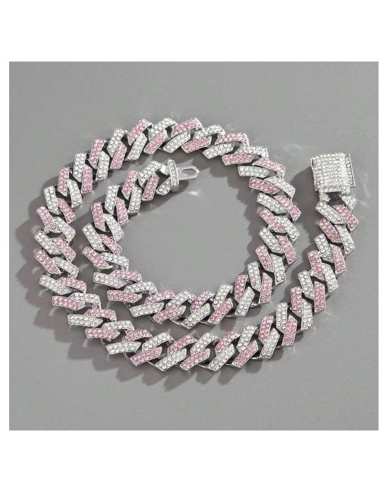 Pink Rhinestone Chain Necklace With Double Rows Of Inlaid Rhinestones 55cm