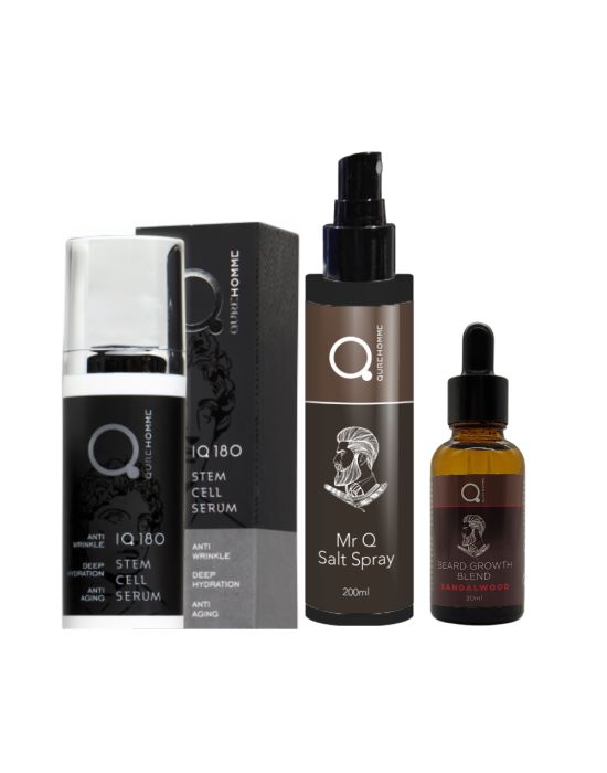 Qure Stem Cell Serum Anti-Age Intense Repair 50ml& MrQ Salt Spray 200ml & Beard & Face Growth Blend Sandalwood Kasmir 30ml