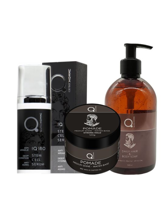 Qure Stem Cell Serum Anti-Age Intense Repair 50ml & Pomade Medium Shine Strong Hold 120g & Daily Hair & Body Soap 500ml