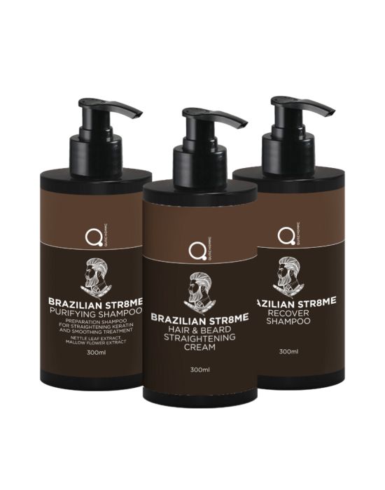 Qure Brazilian STR8ME Hair & Beard Straightening Cream 300ml & Recovery Shampoo 300ml & Purifying Shampoo 300ml Bundle